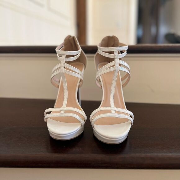 White Strappy Zip Up Heels Platforms - Picture 1 of 5